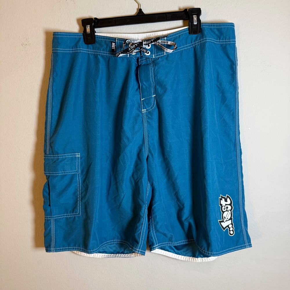 Vintage Lost Enterprises Mens Blue Board Shorts Size 38 Surf Skate Swim Trunks